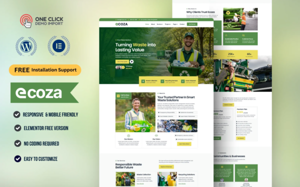 Ecoza – Recycling and Waste Management Multipurpose WordPress Elementor Template Kit