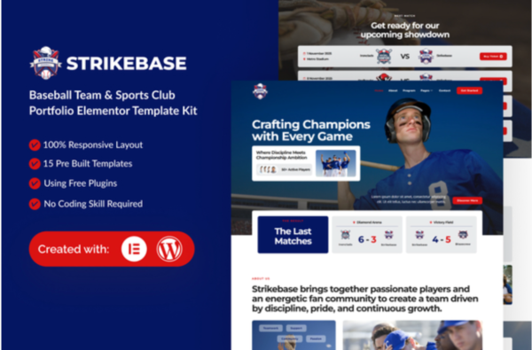 StrikeBase Baseball Team & Sport Club Elemtor Template Kit